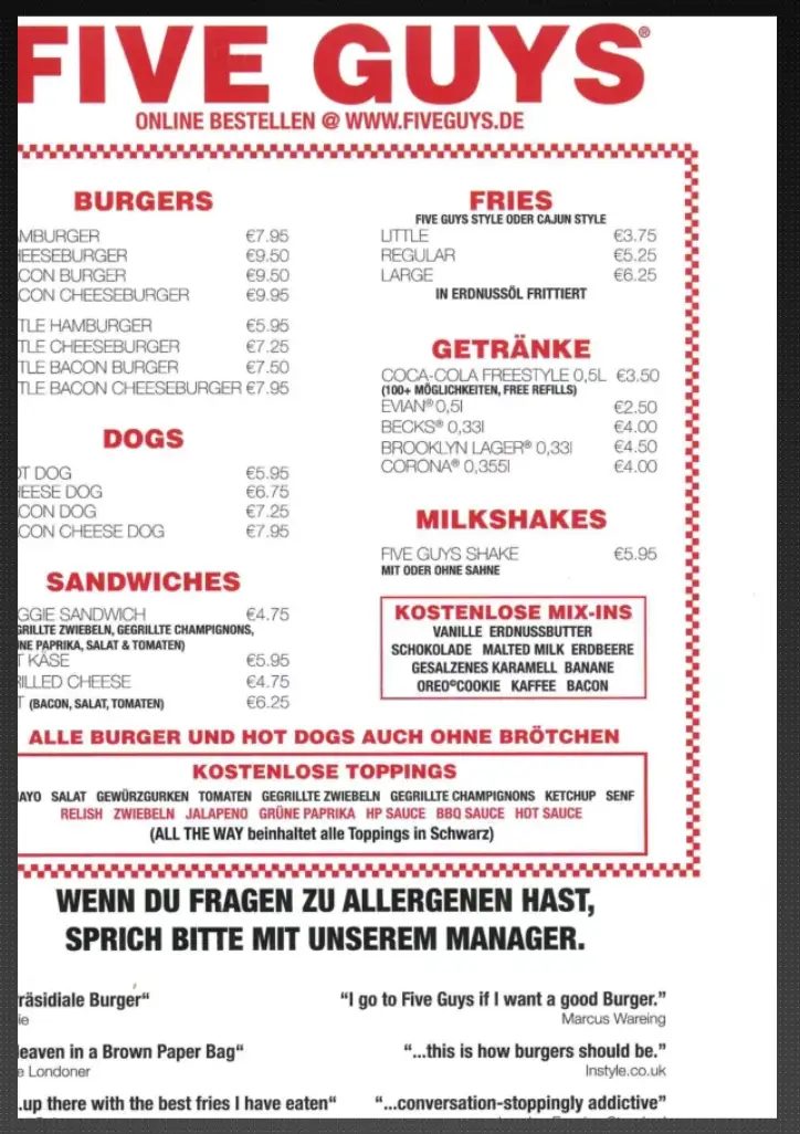 Five Guys Beef Dogs Speisekarte Preise